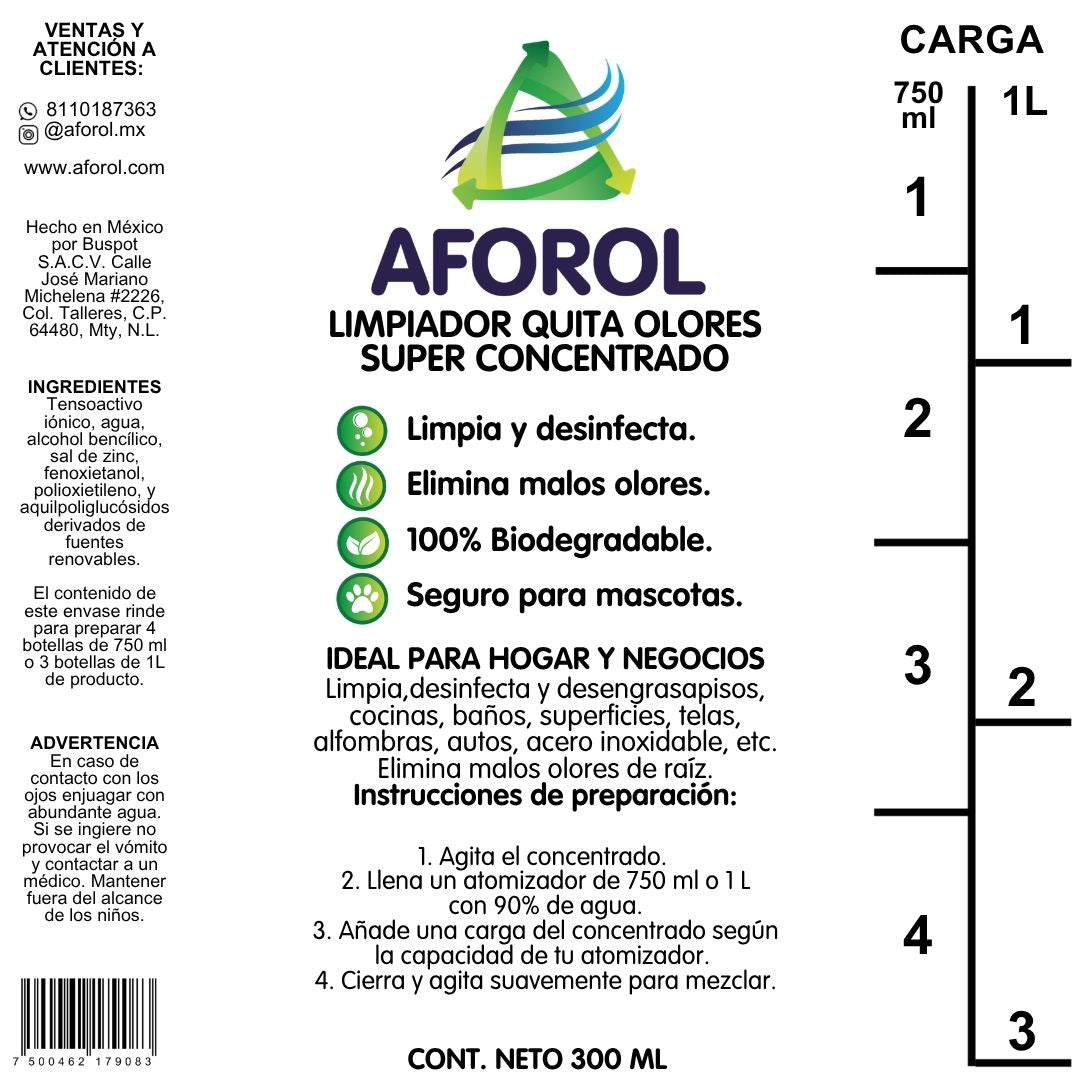Aforol Concentrado 300 ml + 1 botella atomizadora de 750 ml para rellenar.